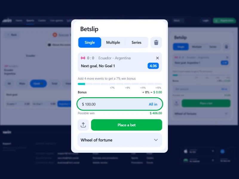 Screenshot of the 1Win bet slip on the official website with a field to enter the wager amount