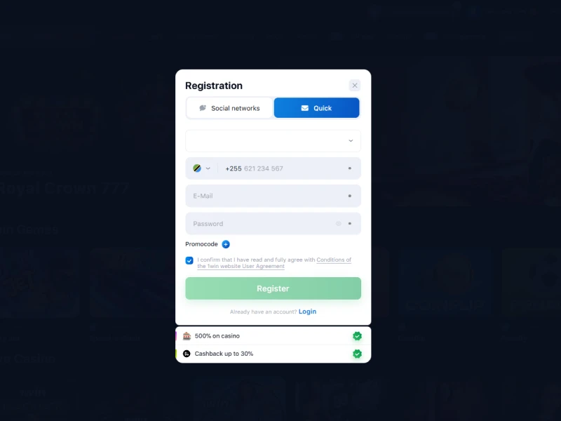 Screenshot of the official 1Win website showing the homepage, with options to sign up or log in to an existing account