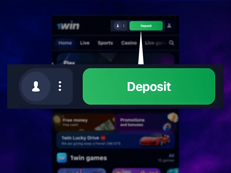 Screenshot of the 1Win website after login, highlighting the "Deposit" button in the upper right corner or account menu, with the deposit page displaying available payment methods