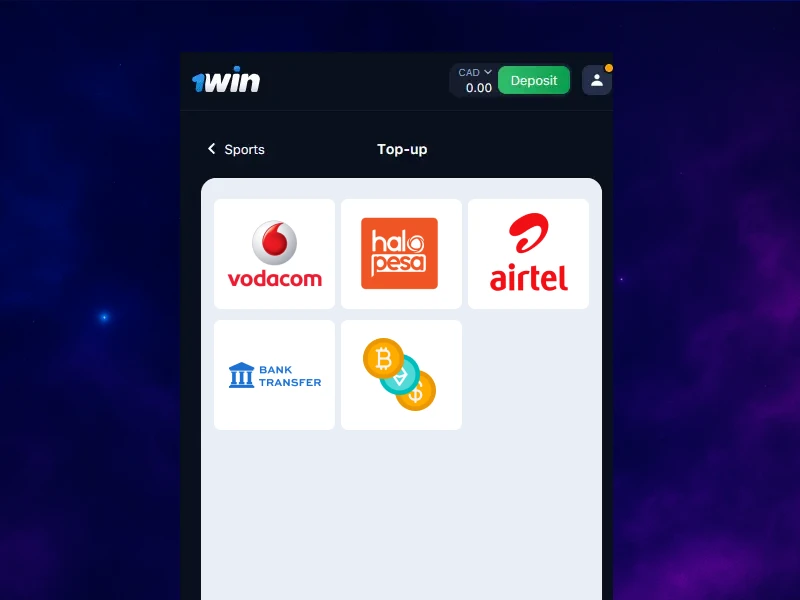 Screenshot of the 1Win deposit page showing a list of payment methods