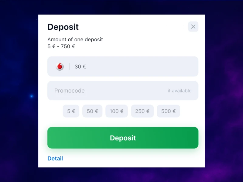 Screenshot of the deposit page on the 1Win website with a field to input the deposit amount, ensuring it meets the minimum required
