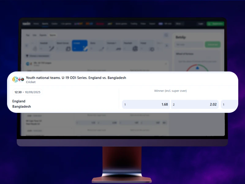 Blue smoky background, PC in the center displaying the official 1Win website with a list of upcoming cricket matches to choose from