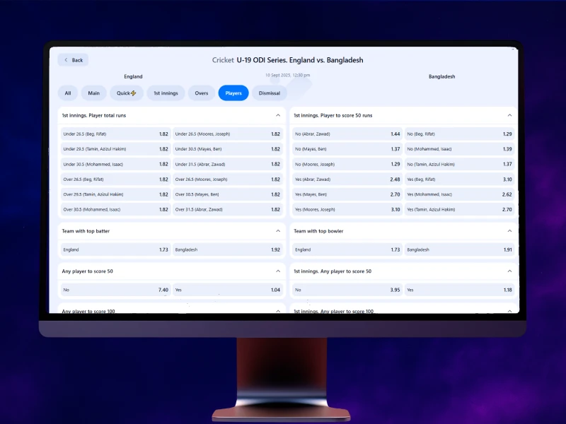 Blue smoky background, PC in the center showing the betting section on the official 1Win website with options like match winner, top batsman, top bowler, and their odds