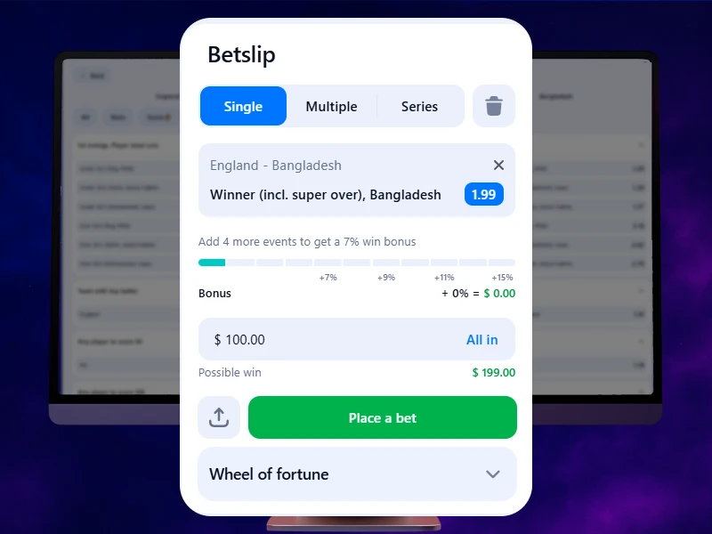 Blue smoky background, PC in the center displaying the betting slip on the 1Win website, with a field to enter the wager amount