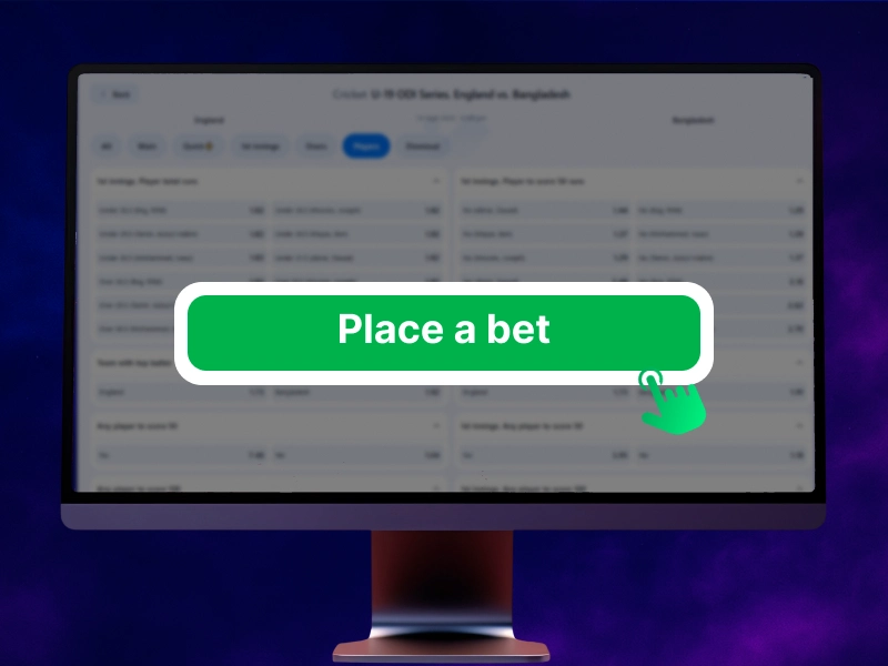 Blue smoky background, PC in the center showing the 1Win betting interface with bet details and potential returns, ready for confirmation
