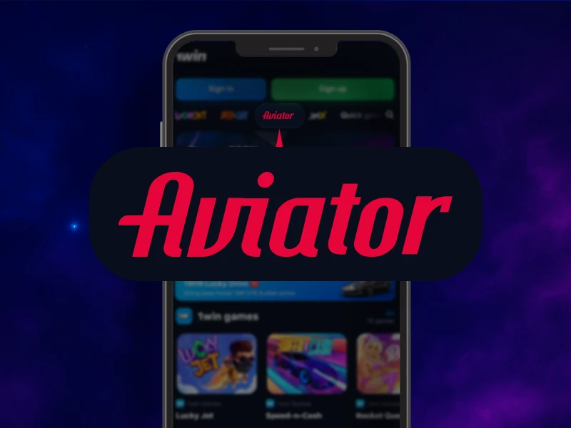 Blue smoky background, smartphone in the center displaying the official 1Win website with the Aviator game button highlighted on the main panel