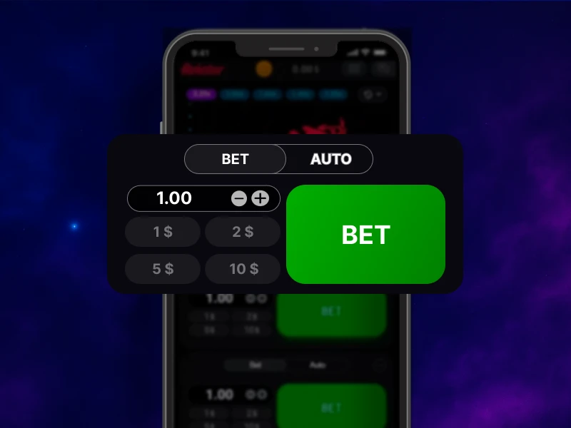 Blue smoky background, smartphone in the center showing the interface with a field to enter the bet amount.