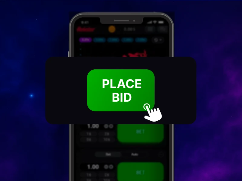 Blue smoky background, smartphone in the center showing the screen with the "Place Bid" button highlighted