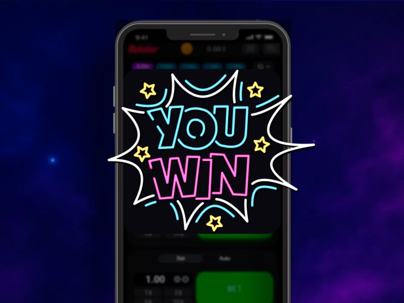 Blue smoky background, smartphone in the center showing the Aviator game interface with win