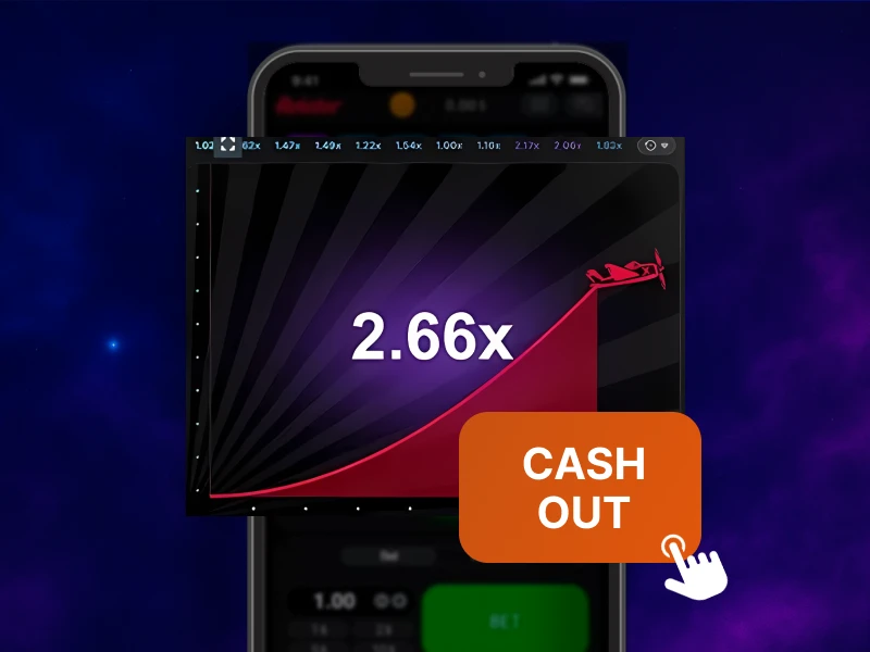 Blue smoky background, smartphone in the center showing the Aviator game screen with the "Cash Out" button