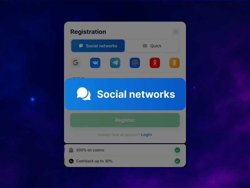 Screenshot of the 1Win registration page with the "Registration by Social Media" option selected for social login