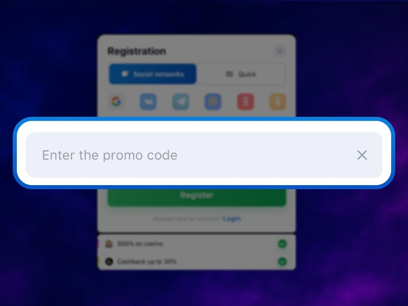 Screenshot of the 1Win registration form showing the input a promo code during social media registration