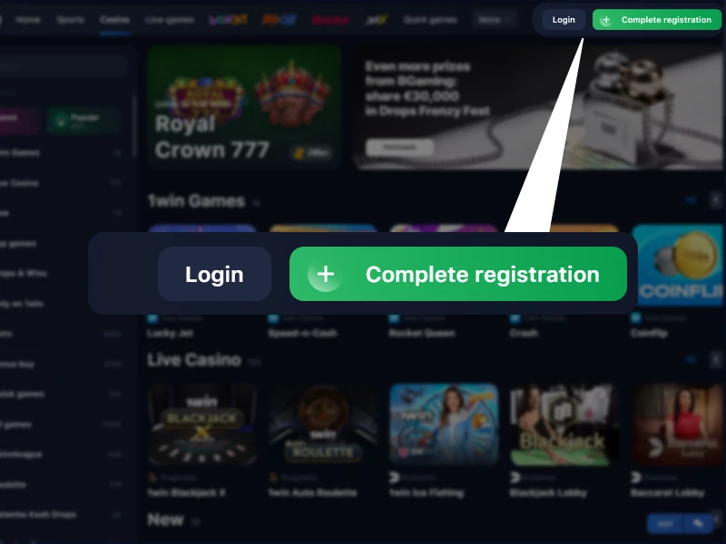 Screenshot of the 1Win homepage highlighting the "Register" button in the right corner of the site