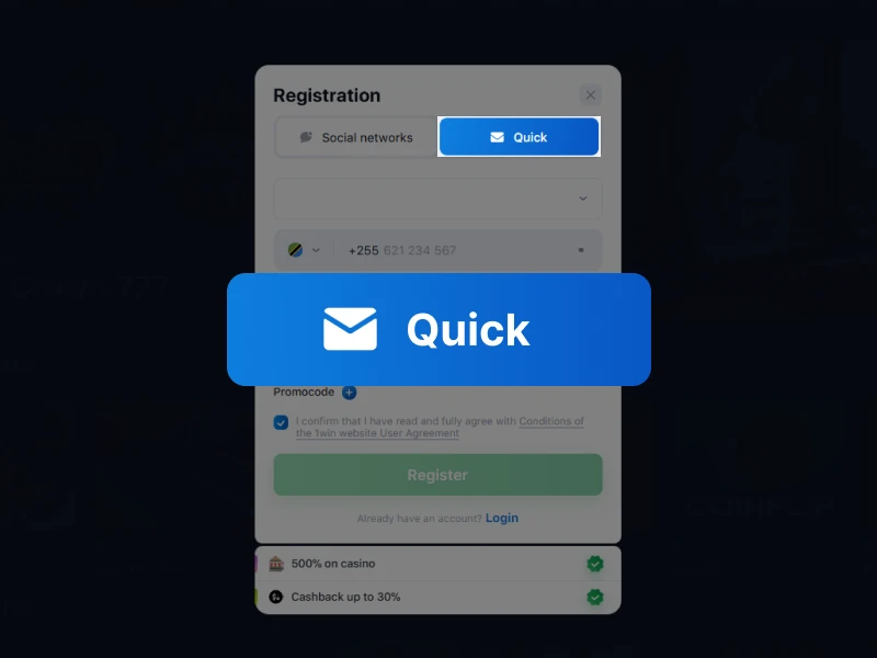 Screenshot of the 1Win registration options with "Quick registration" selected