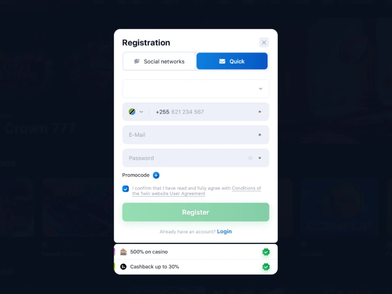 Screenshot of the 1Win registration form showing fields for currency selection (Tanzanian Shilling), email, phone number, and password creation.