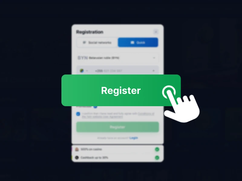 Screenshot of the 1Win registration page showing the terms and conditions checkbox and "Register" button