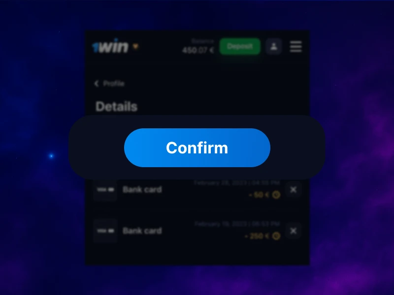 Screenshot of the 1Win withdrawal page showing the "Confirm" button to initiate the withdrawal request