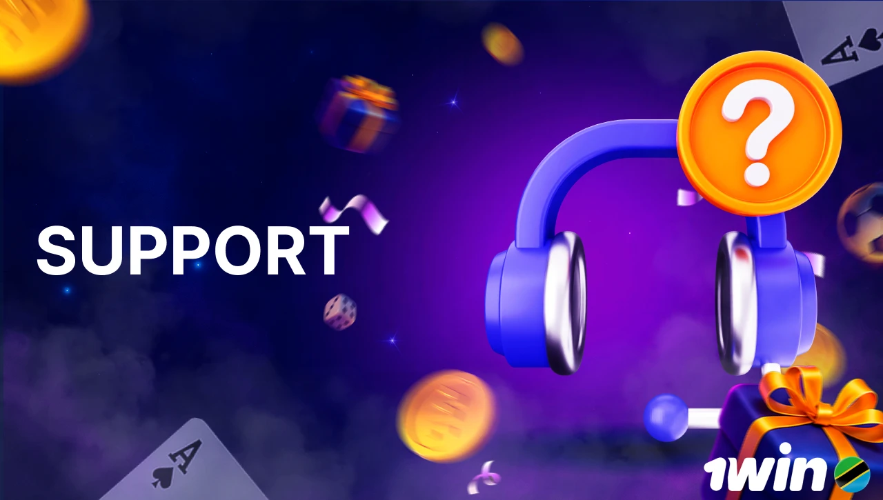 Blue background with pink-purple smoke, text "Support" on the left, 3D icon of headphones and a question mark on the right, with dynamic elements like coins, gifts, confetti, dice, and playing cards